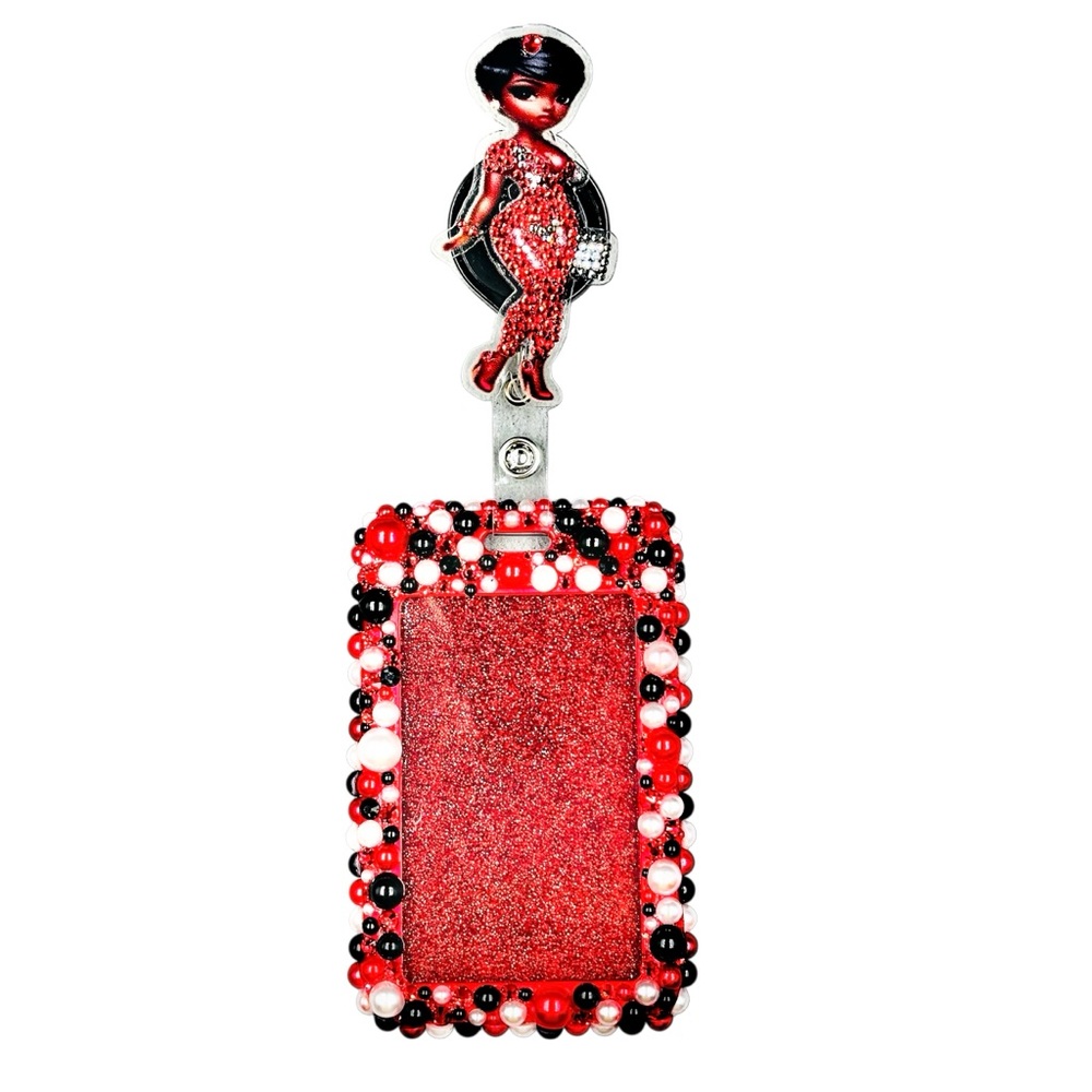 Bling Pearl Fashion Work Name Badge ID Card Holder & Retractable Reel Clip Red